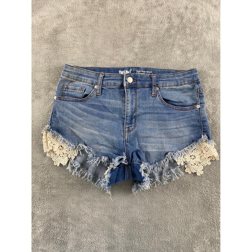 Mossimo Denim High Rise Shorts Blue Crochet Lace Frayed Hem Womens 10/30 Stretch